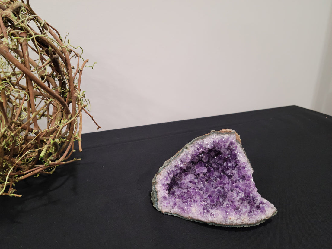 Amethyst Cracked Geode with Wood Stand - Dark Purple