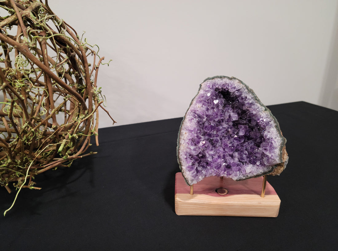 Amethyst Cracked Geode with Wood Stand - Dark Purple