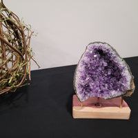 Amethyst Cracked Geode with Wood Stand - Dark Purple