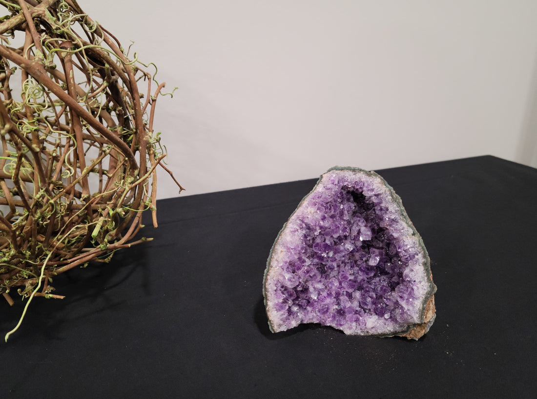 Amethyst Cracked Geode with Wood Stand - Dark Purple